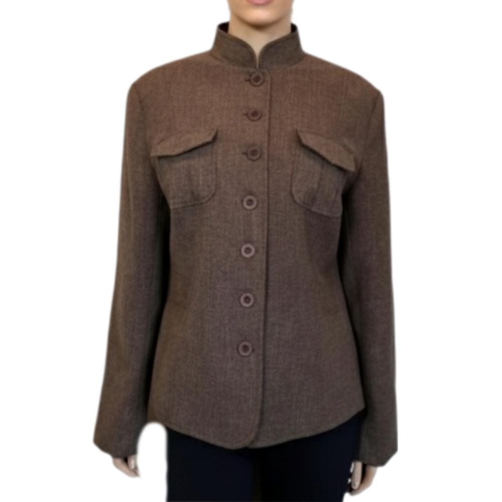 3/$20 Cleo Blazer Jacket Tweed Flap Pocket Mandarin Fall Military Brown Size 12